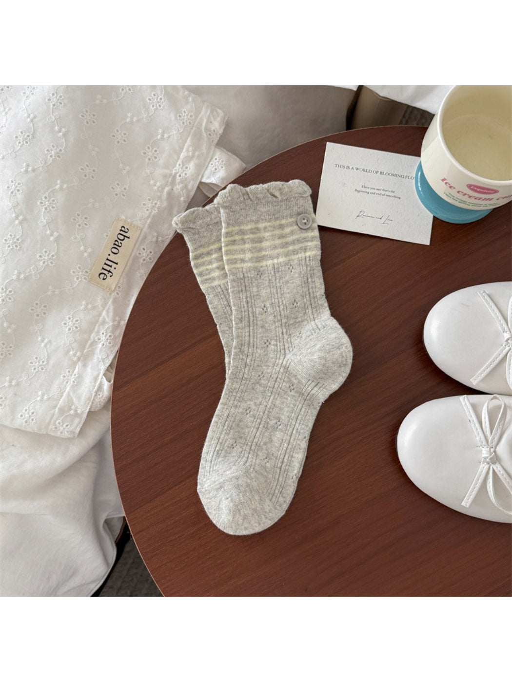Rufia Lace Mesh Stripe Crew Socks edge detail