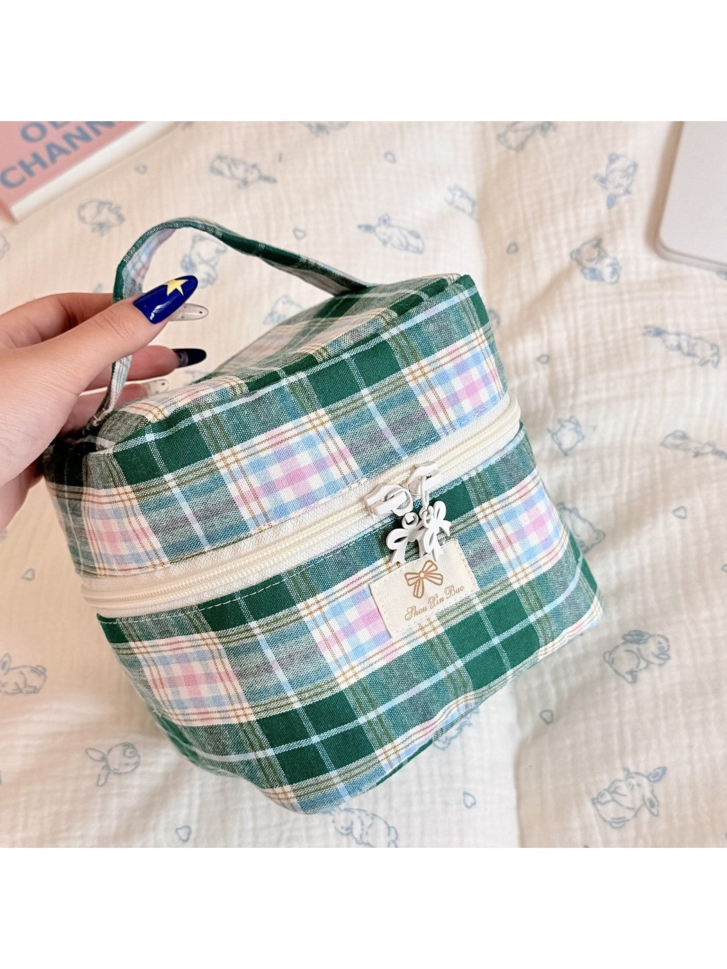 Cosbai - Cute Candy-colored Plaid Cosmetic Organizer Bag