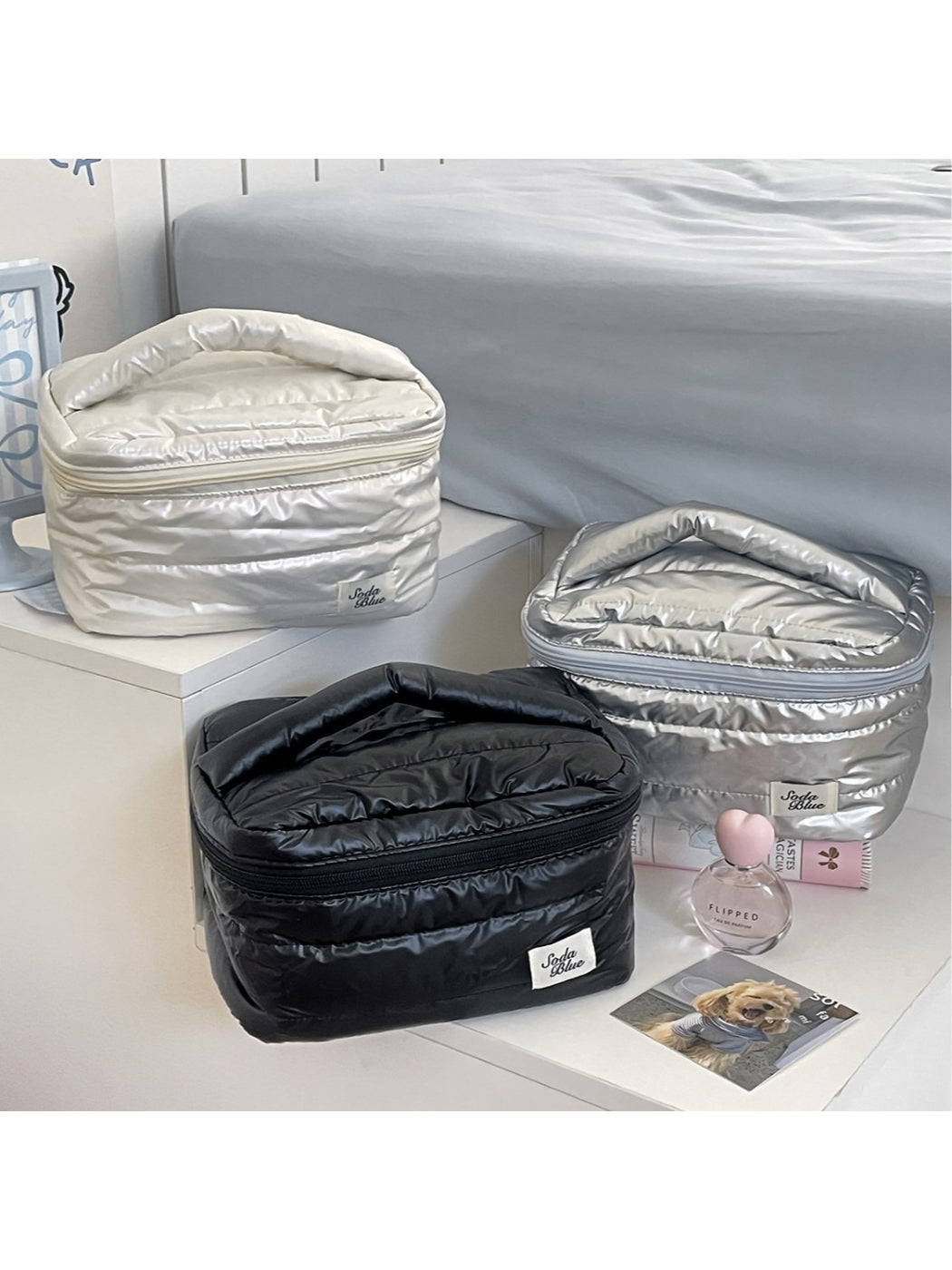 Cosbai quilted puffy makeup organizer bag in beige