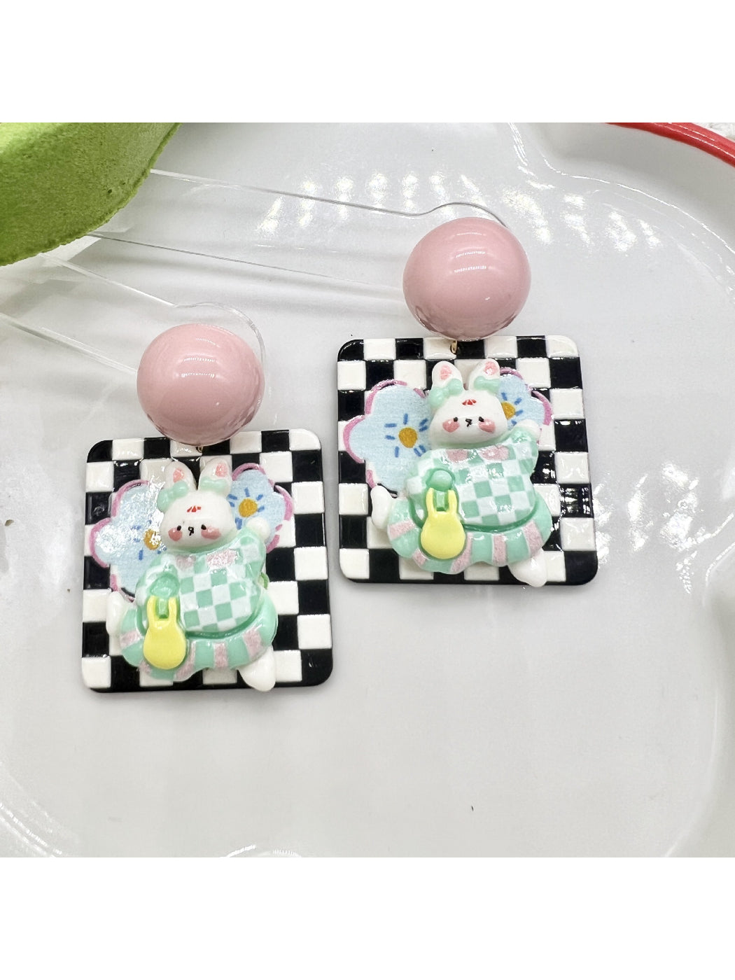 Earwish Bunny Check Drop Earrings front view with checkered bunny design