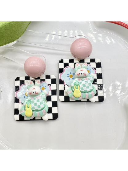 Earwish Bunny Check Drop Earrings front view with checkered bunny design