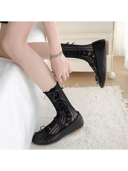 Rufia - Double Bow Openwork Heart Pattern Crew Socks