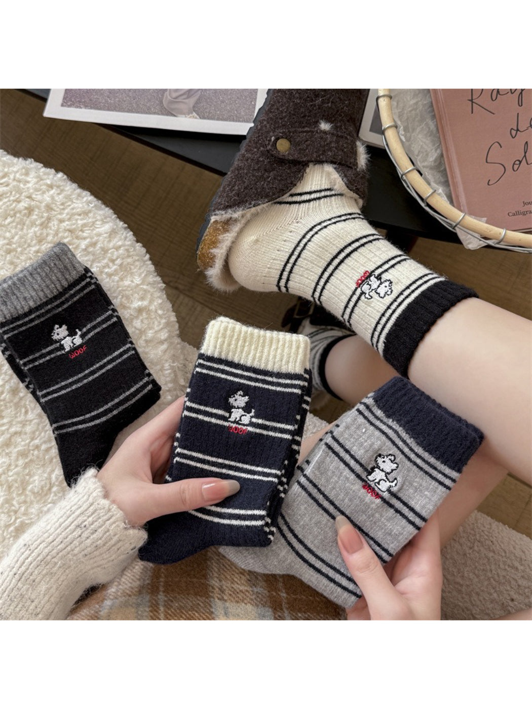 Rufia - Striped Dog Motif Everyday Crew Socks product image 1