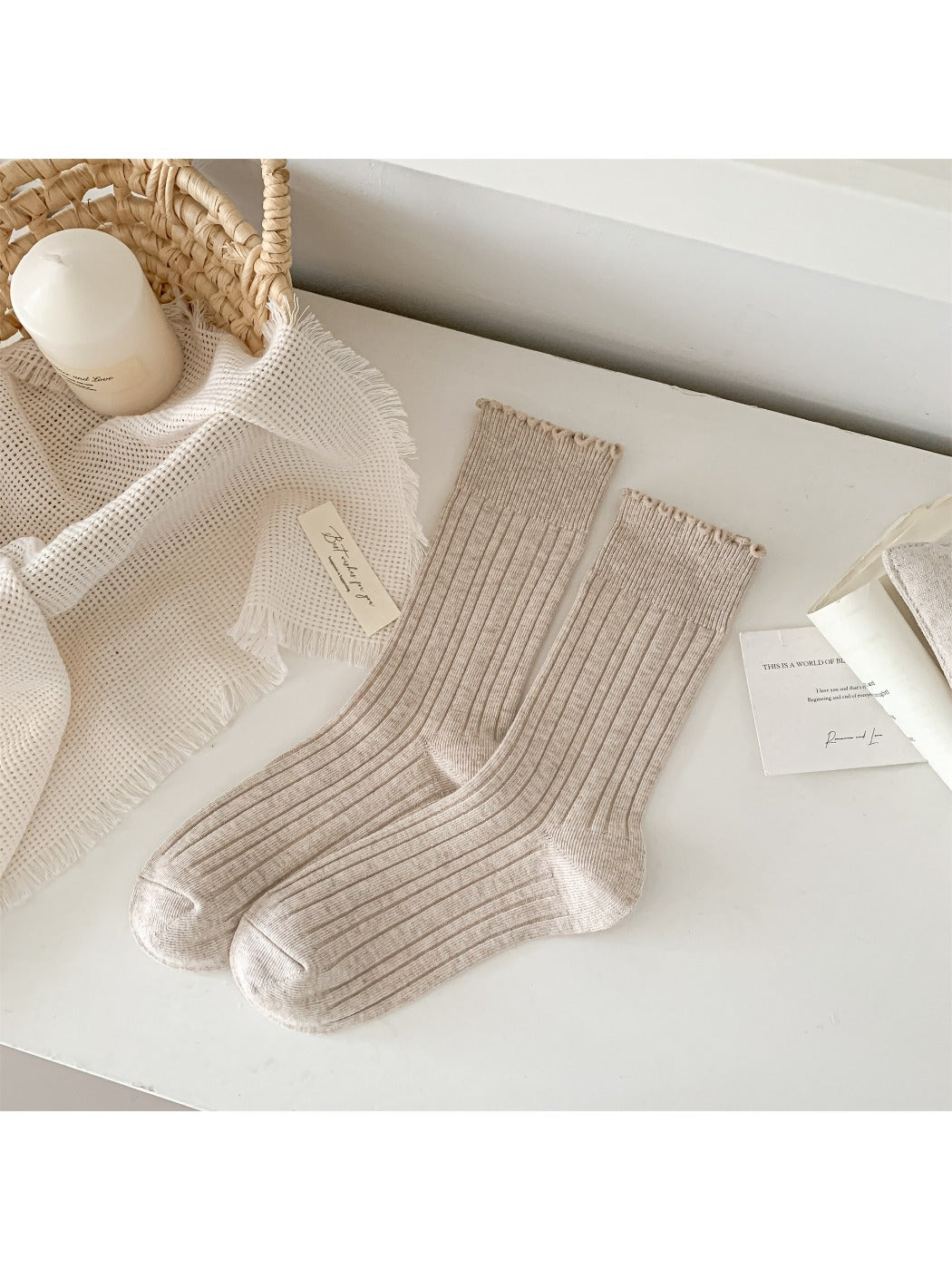 Rufia - Solid Color Ribbed Mid-Calf Socks