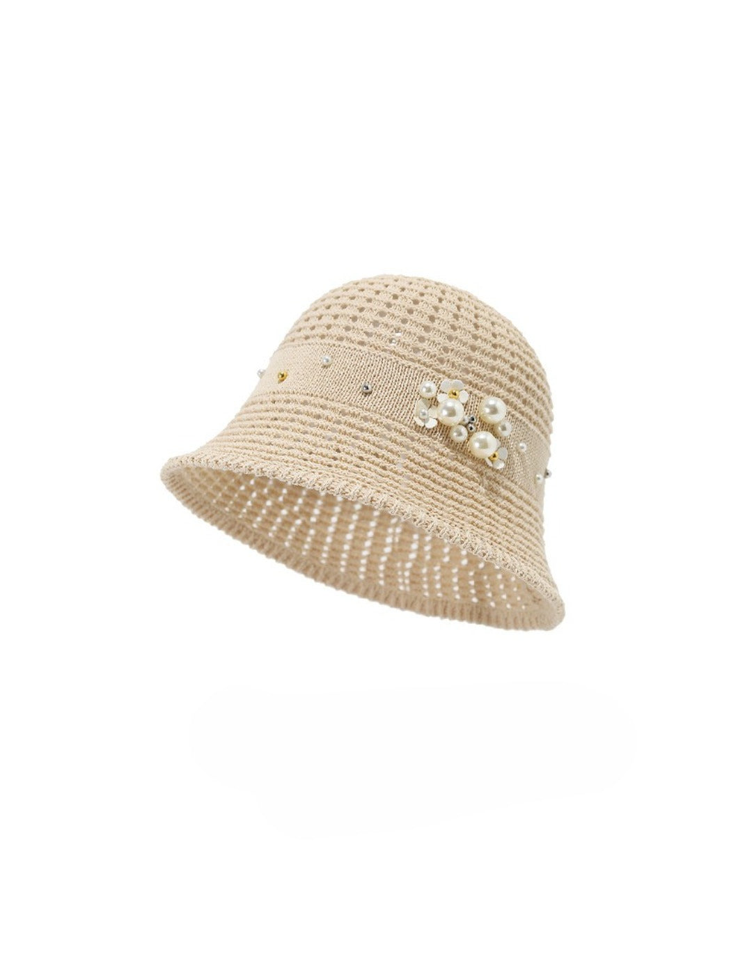 Top view of Haila bucket hat showing beaded flower decoration