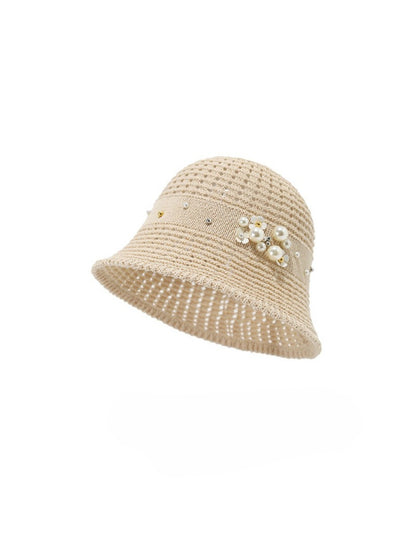 Top view of Haila bucket hat showing beaded flower decoration