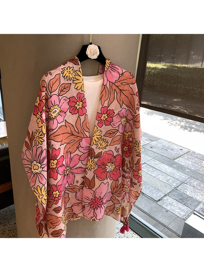 Scarvii - Floral Print Tassel Drape Shawl Scarf