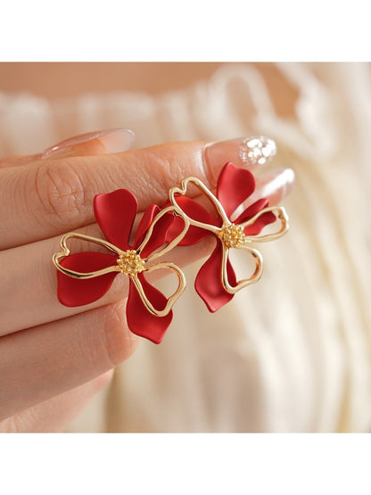 Earwish - Elegant Red & Gold Floral Earrings - Simple & Chic