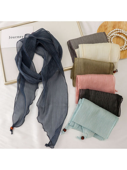 Scarvii - Solid Color Pleated Narrow Long Scarf