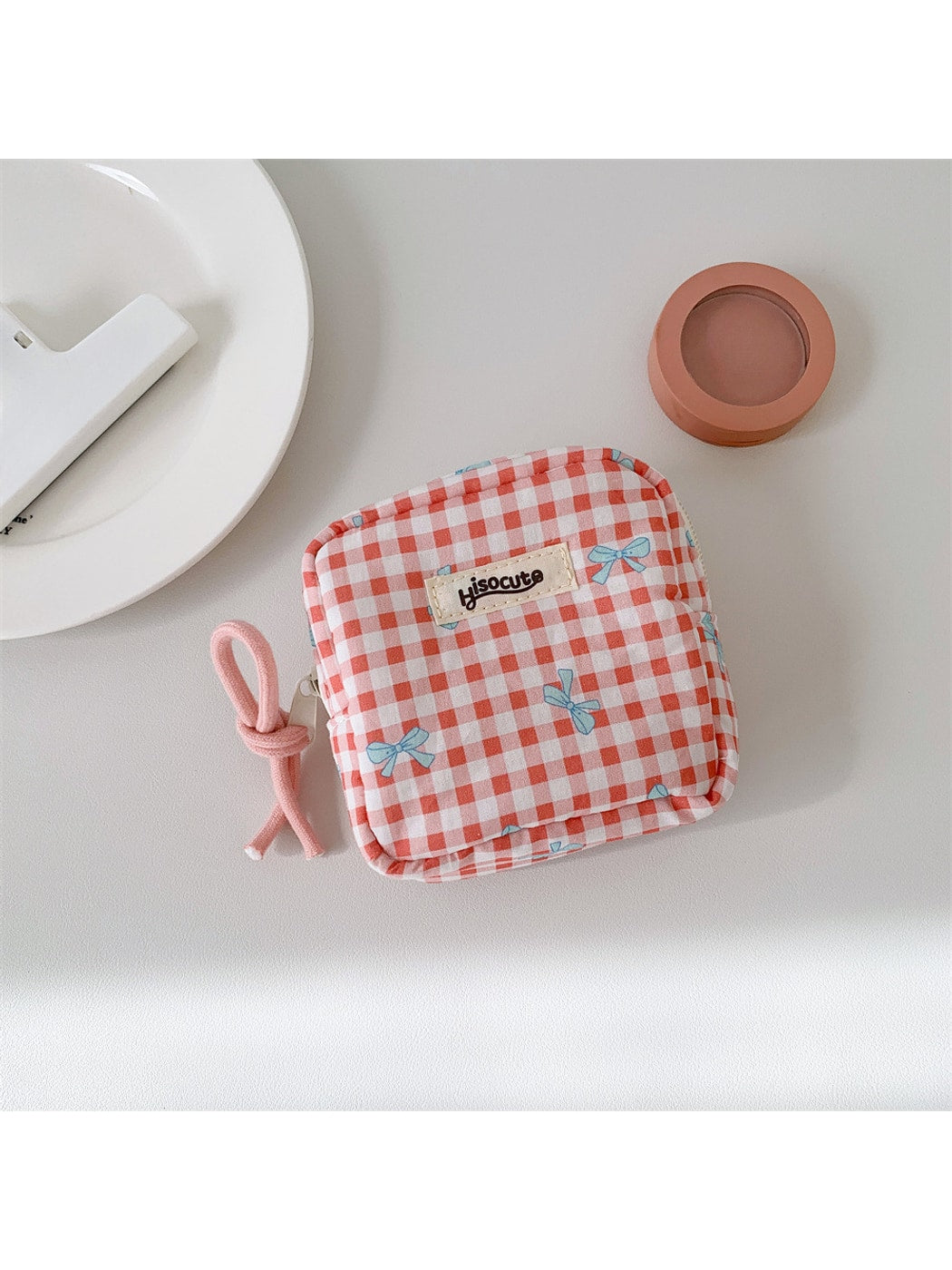 Cosbai - Small Plaid Makeup Pouch Square Bag