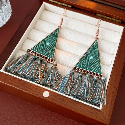 Earwish - Boho Vintage Green Triangle Earrings With Fringe