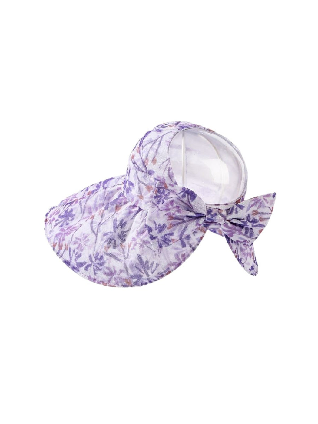 Side view of pastel bloom wide brim hat showing curved brim and floral design
