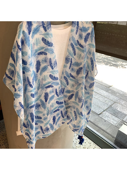 Scarvii - Blue Feather Pattern Layering Wrap Scarf