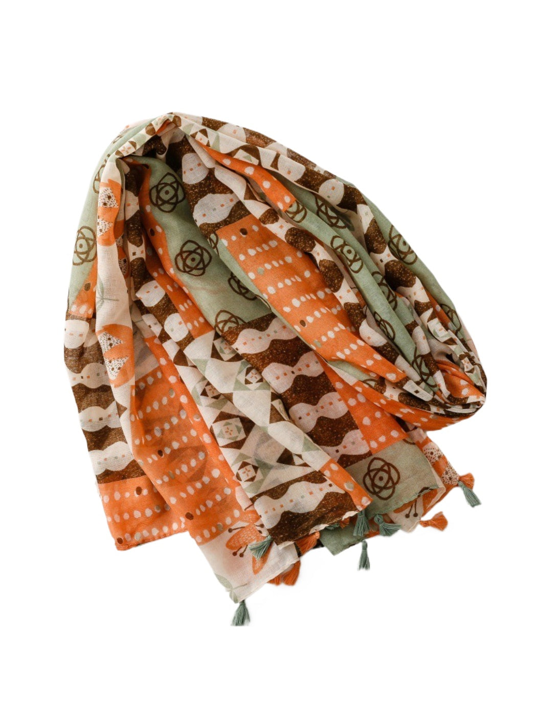 Close-up of Scarvii scarf showing detailed geometric patterns and tassels
