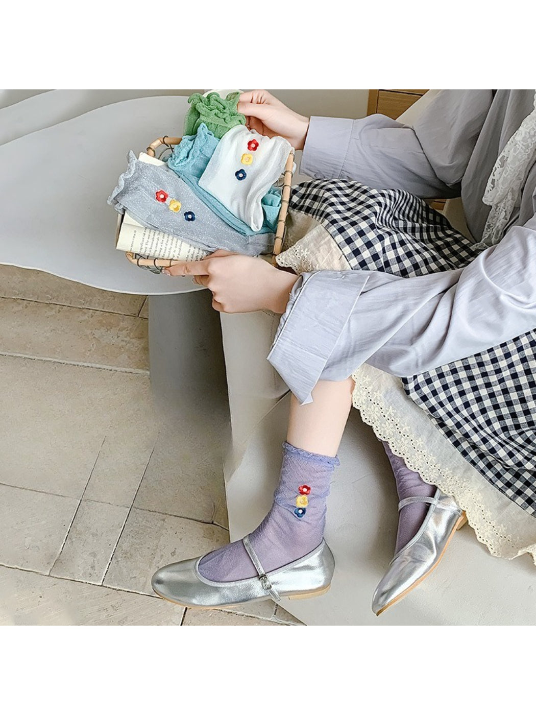 Close-up of Rufia Sweet Flower Detail Crew Socks showing embroidered flower patterns