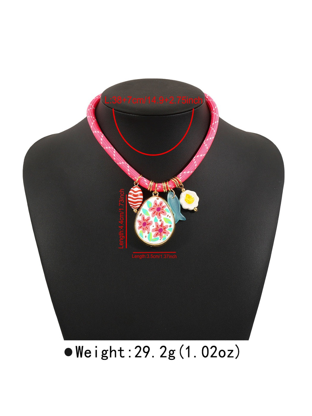 Multi charm rope necklace displayed flat showing full length and vibrant colours