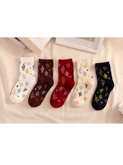 Rufia - Scattered Leaf Motif Knit Crew Socks
