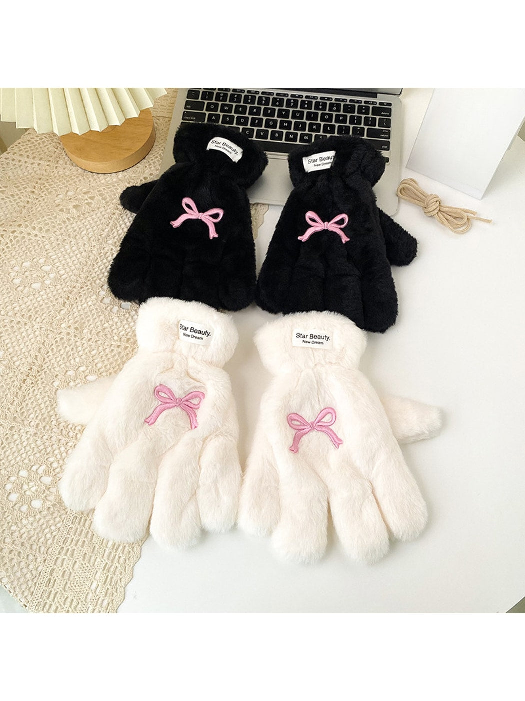 Gloving - Bow Embroidered Plush Winter Gloves