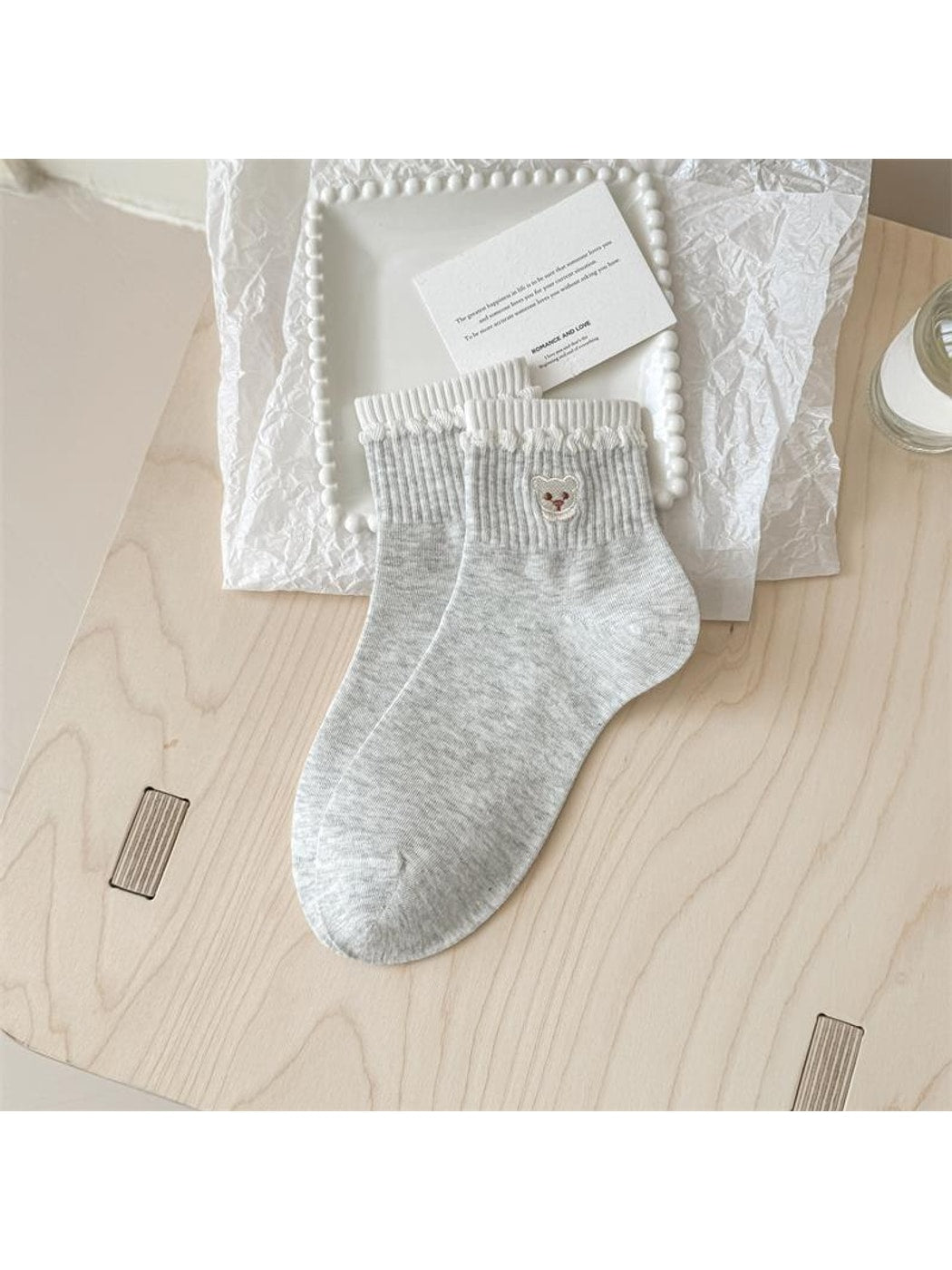 Rufia - Bear Embroidery Ribbed Ankle Socks