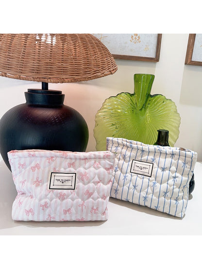 Cosbai - Quilted Bow Stripe Cosmetic Pouch