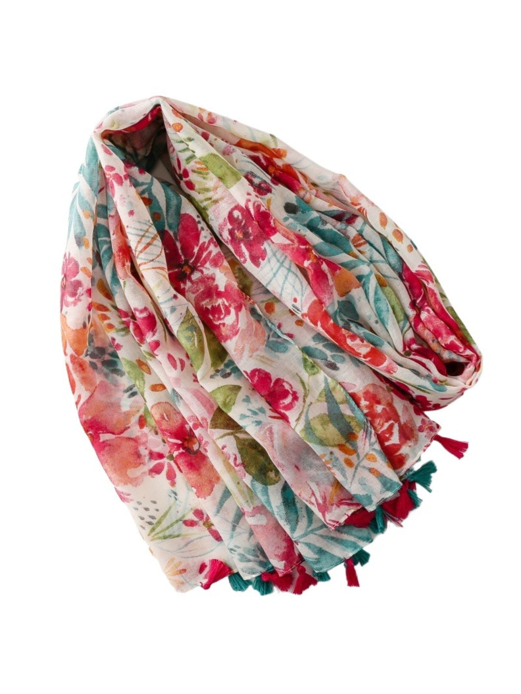 Scarvii scarf spread flat highlighting full floral design and fringe detailing
