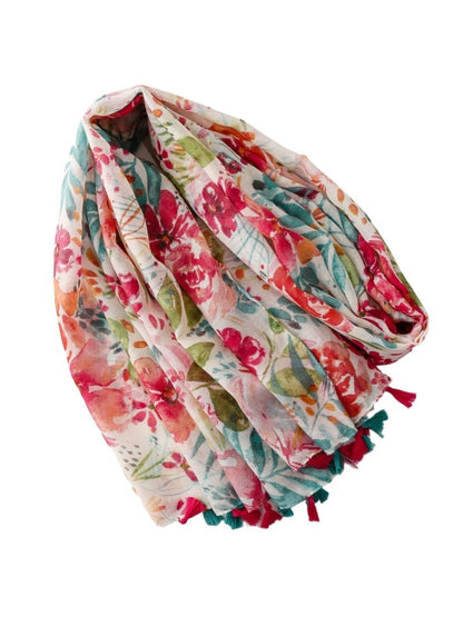 Scarvii scarf spread flat highlighting full floral design and fringe detailing
