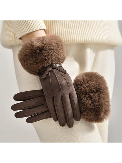 Gloving - Bow Detail Faux Fur Cuff Gloves