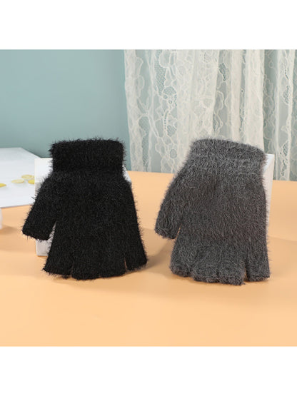 Gloving - Fuzzy Texture Ribbed Cuff Fingerless Gloves