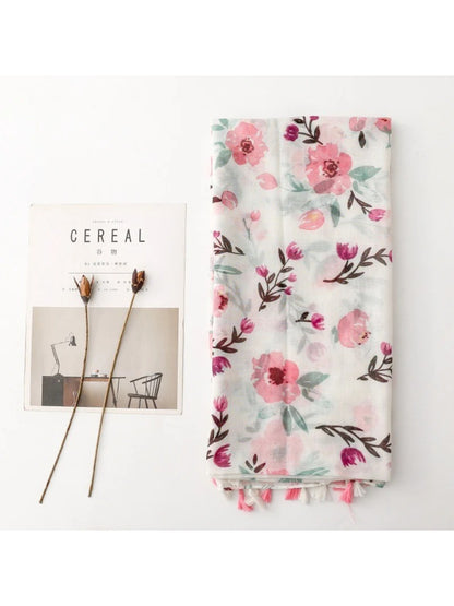 Scarvii - Pink Watercolor Floral Tassel Wrap Scarf