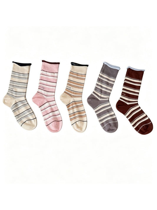 Pair of Rufia Classic Fine Stripe Crew Socks in navy and white stripes
