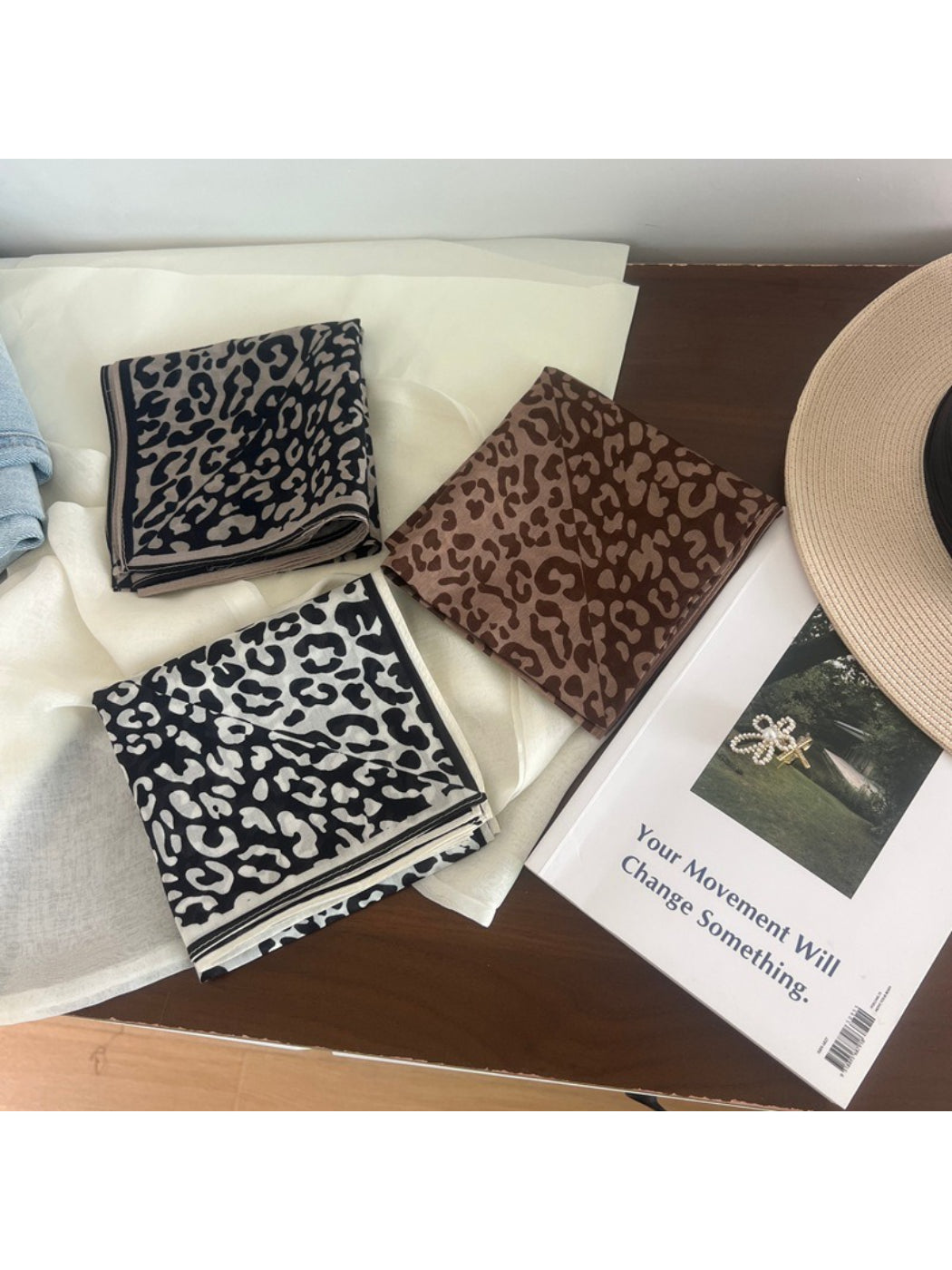 Scarvii Leopard Print Accent Square Scarf