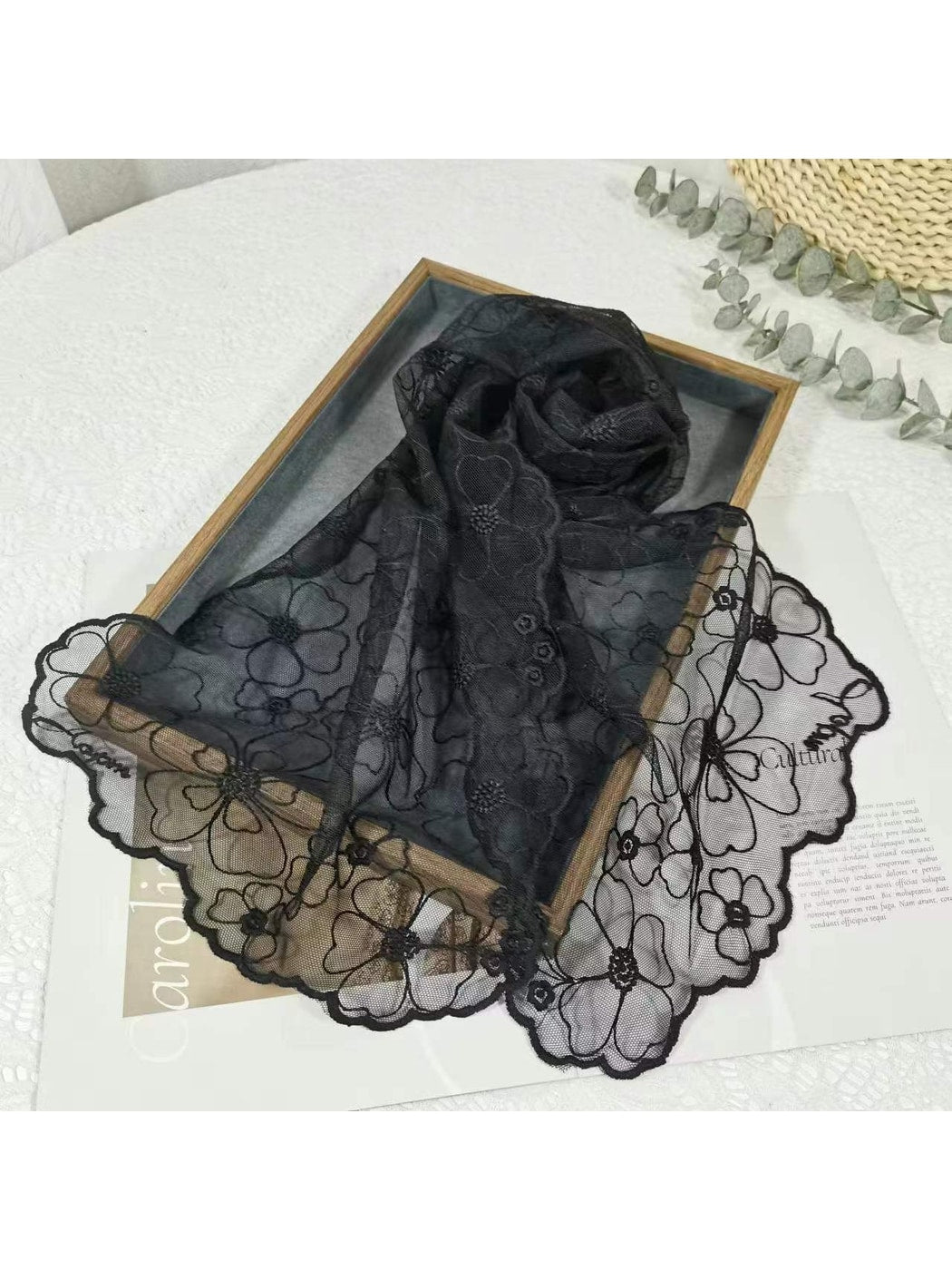 Scarvii - Solid Color Floral Lace Long Scarf