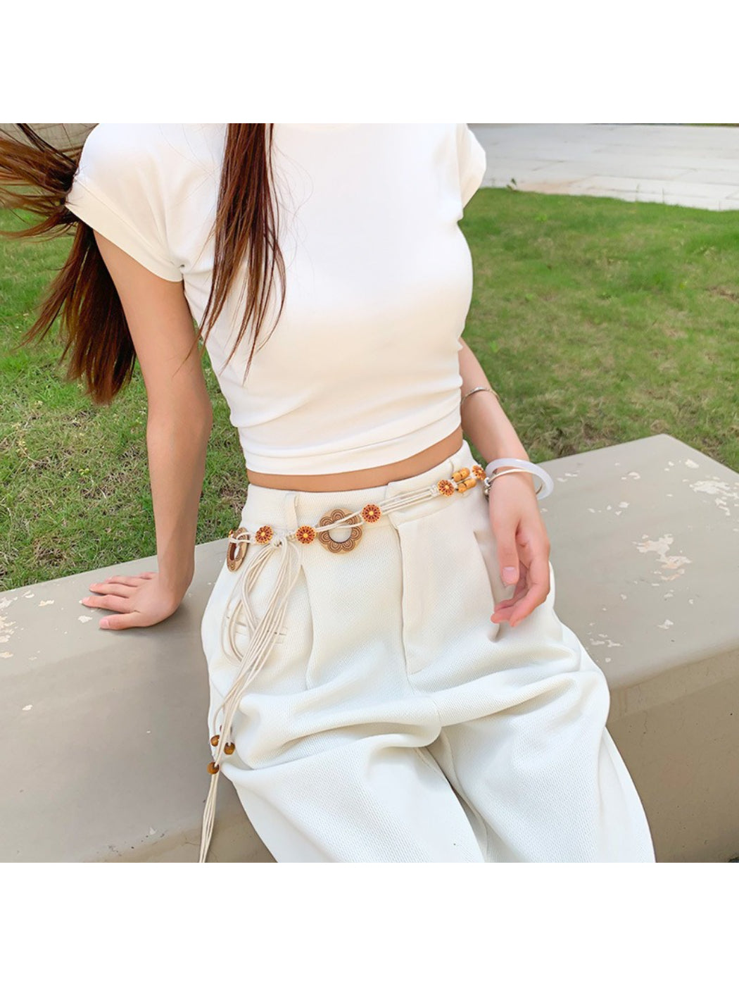 Close-up of Beco floral rope tie waist belt showing detailed floral pattern
