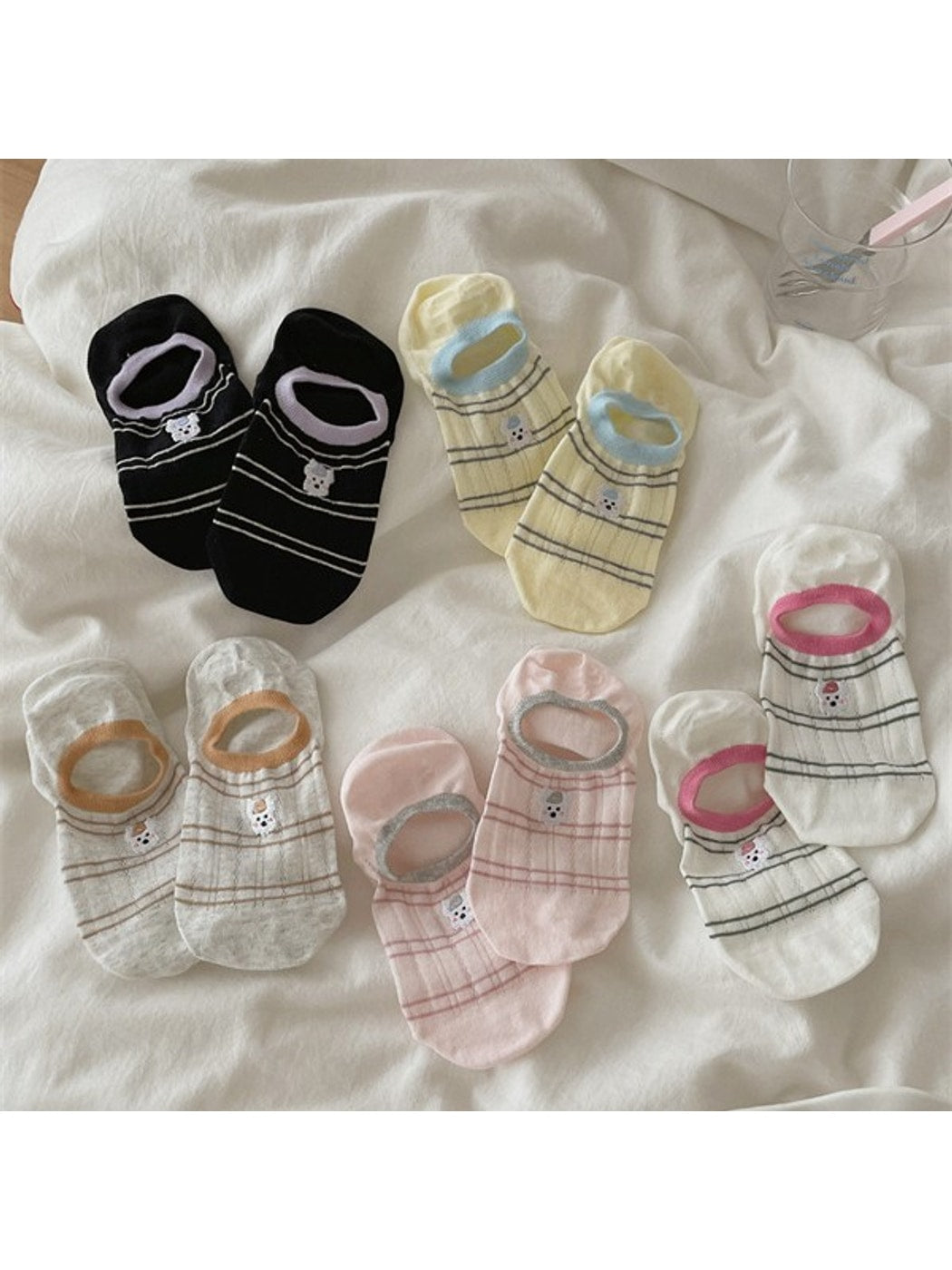 Rufia - Cute Dog Embroidered Stripe No Show Socks