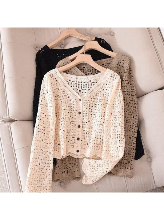 Crosa - Long Sleeve Short Style V Neck Knit Cardigan