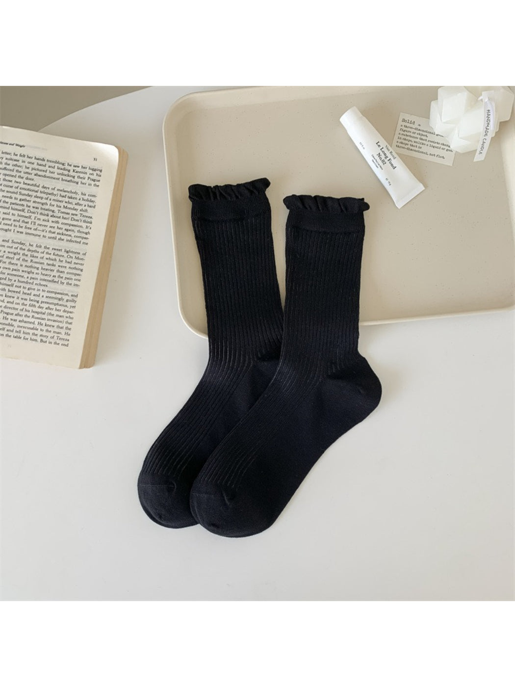 Rufia Everyday Ruffle Cuff Crew Socks worn with casual shoes and rolled-up jeans