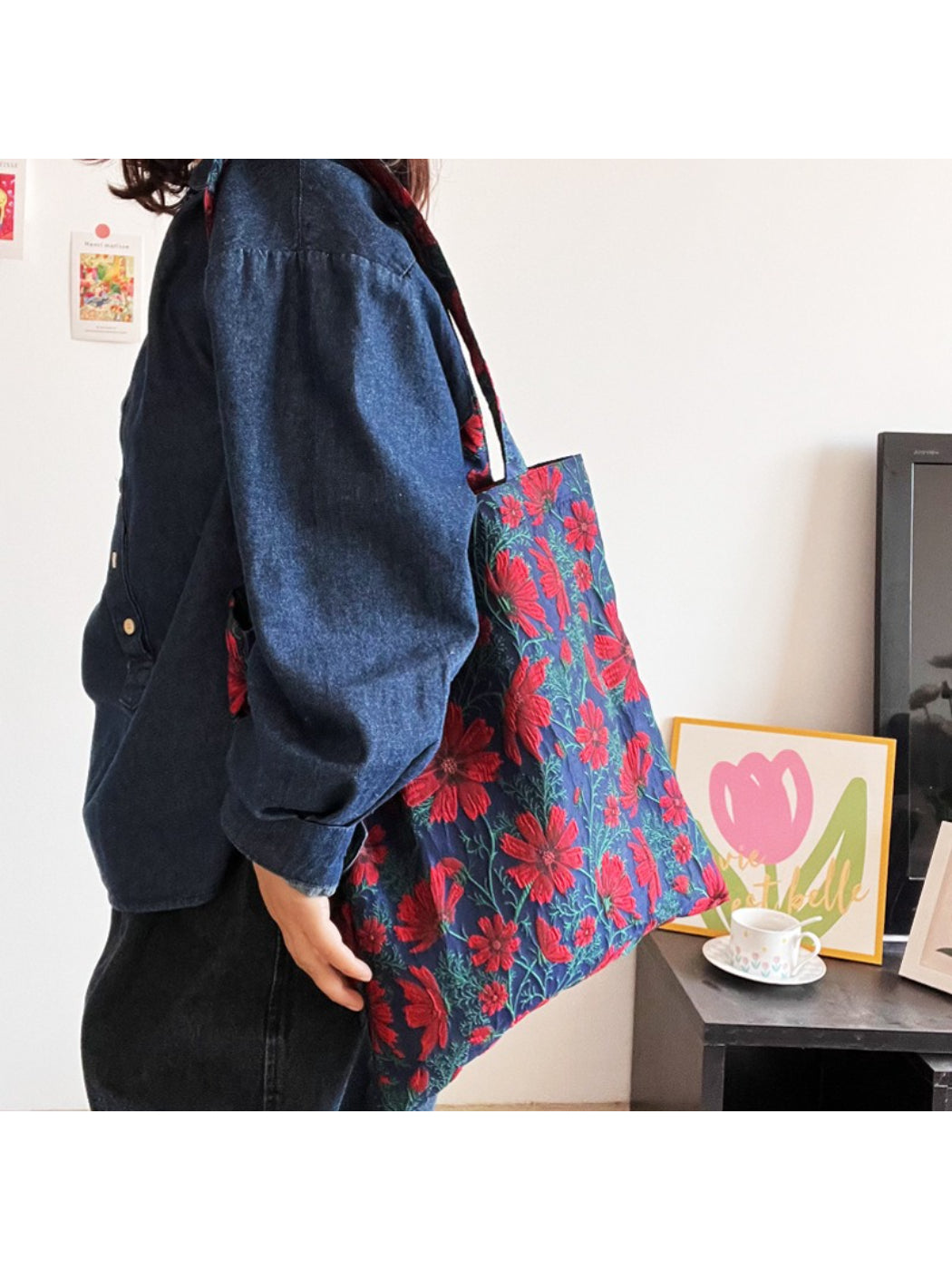 Cosbai Vintage Bloom Everyday Tote Bag with floral pattern on beige fabric