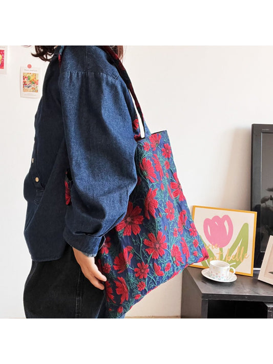 Cosbai Vintage Bloom Everyday Tote Bag with floral pattern on beige fabric