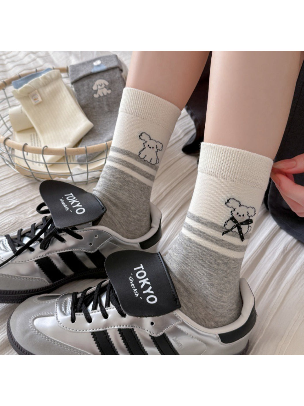Side view of Rufia patterned knit socks highlighting soft fabric and design