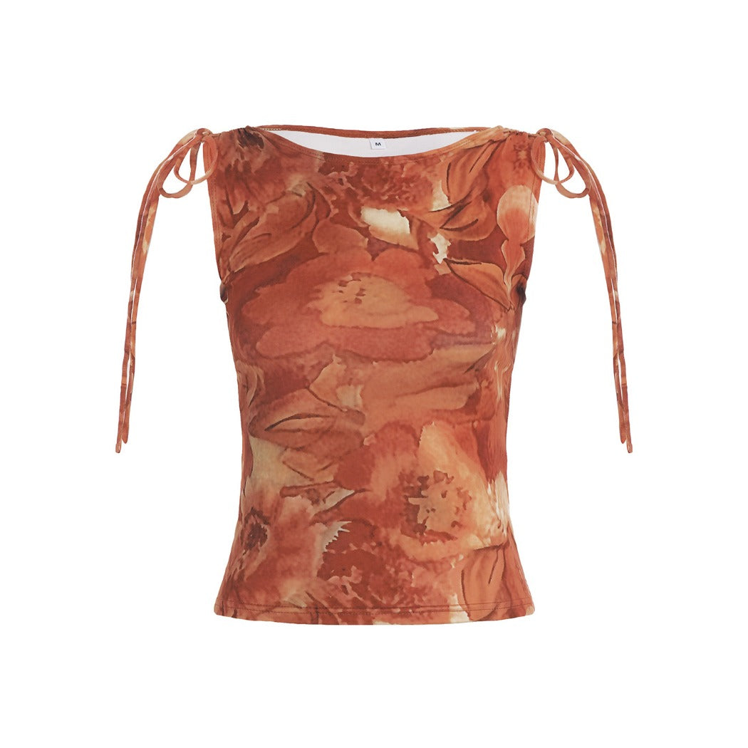 Vesty - Floral Off-Shoulder Crop Top - Green/Red