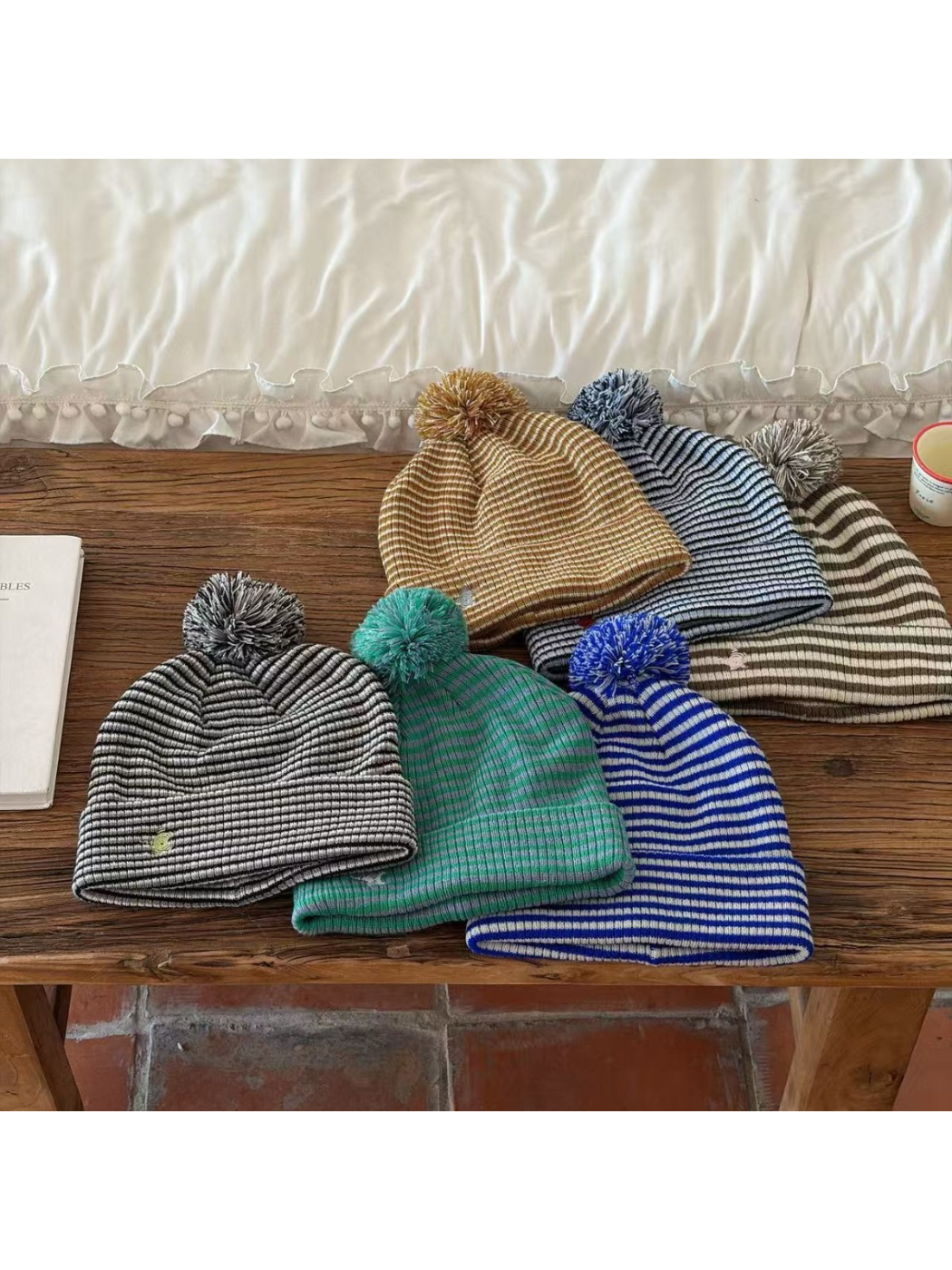 Haila - Striped Ribbed Pom Pom Beanie