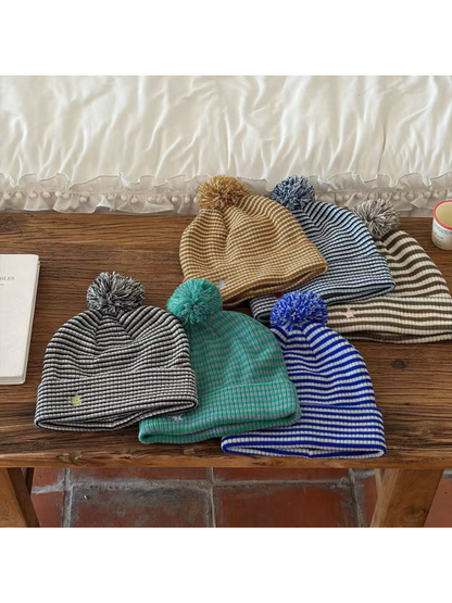Haila - Striped Ribbed Pom Pom Beanie