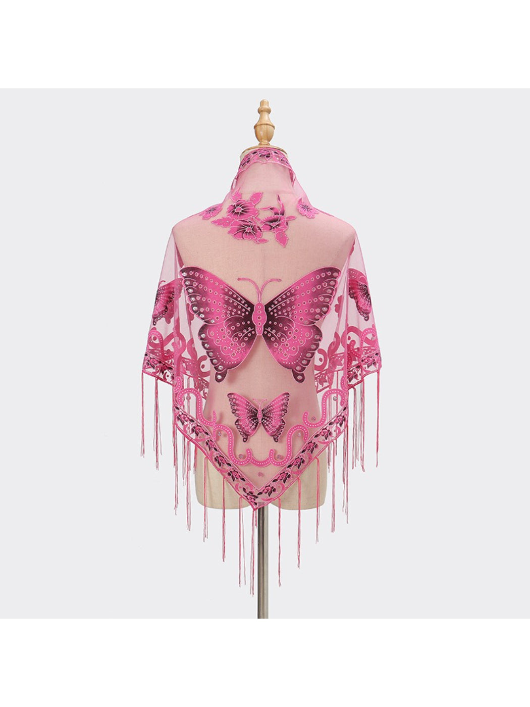 Scarvii Butterfly Fringe Triangle Scarf folded showing butterfly pattern and fringed edges
