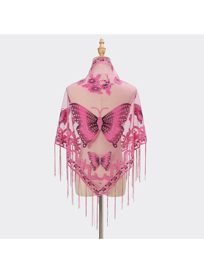 Scarvii Butterfly Fringe Triangle Scarf folded showing butterfly pattern and fringed edges