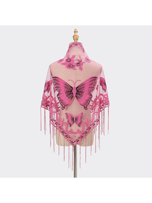 Scarvii Butterfly Fringe Triangle Scarf folded showing butterfly pattern and fringed edges