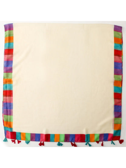 Scarvii Rainbow Border Tassel Scarf styled with casual outfit showing length and vibrant colors