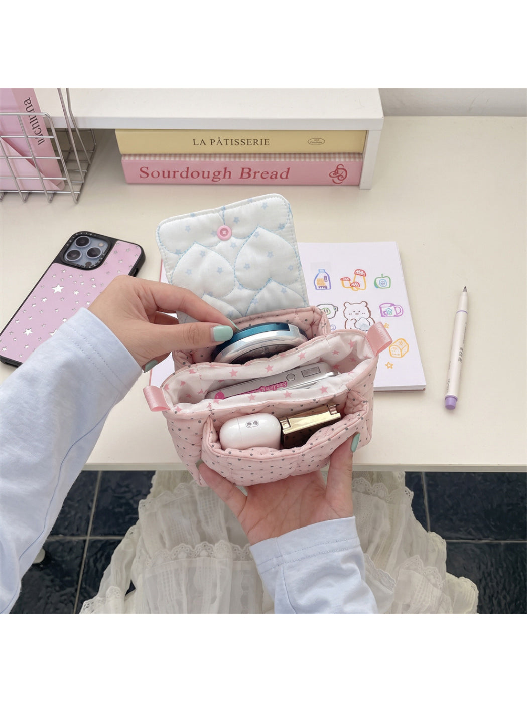 Cosbai - Quilted Dot and Star Snap Flap Pouch