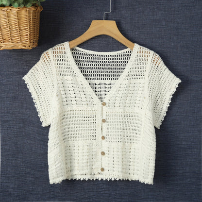 Crosa - Hollow-Out Knit Short-Sleeve Cardigan