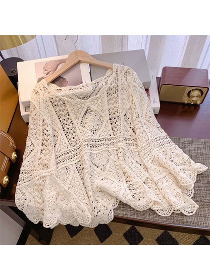 Crosa - Geometric Openwork Bell Pullover Top