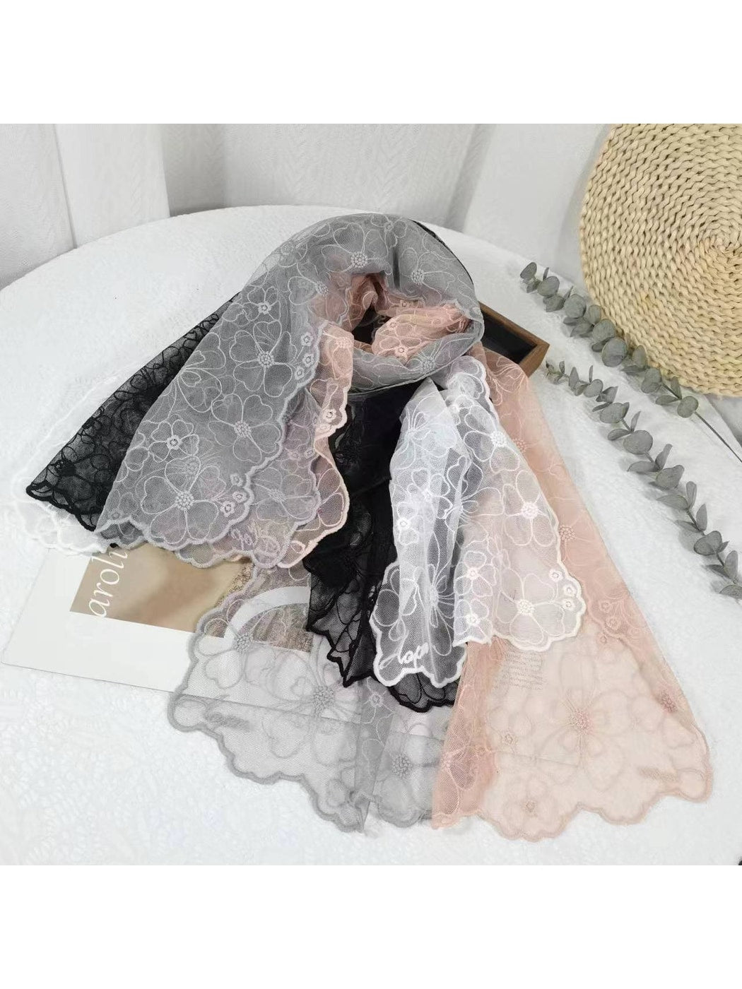 Scarvii - Solid Color Floral Lace Long Scarf